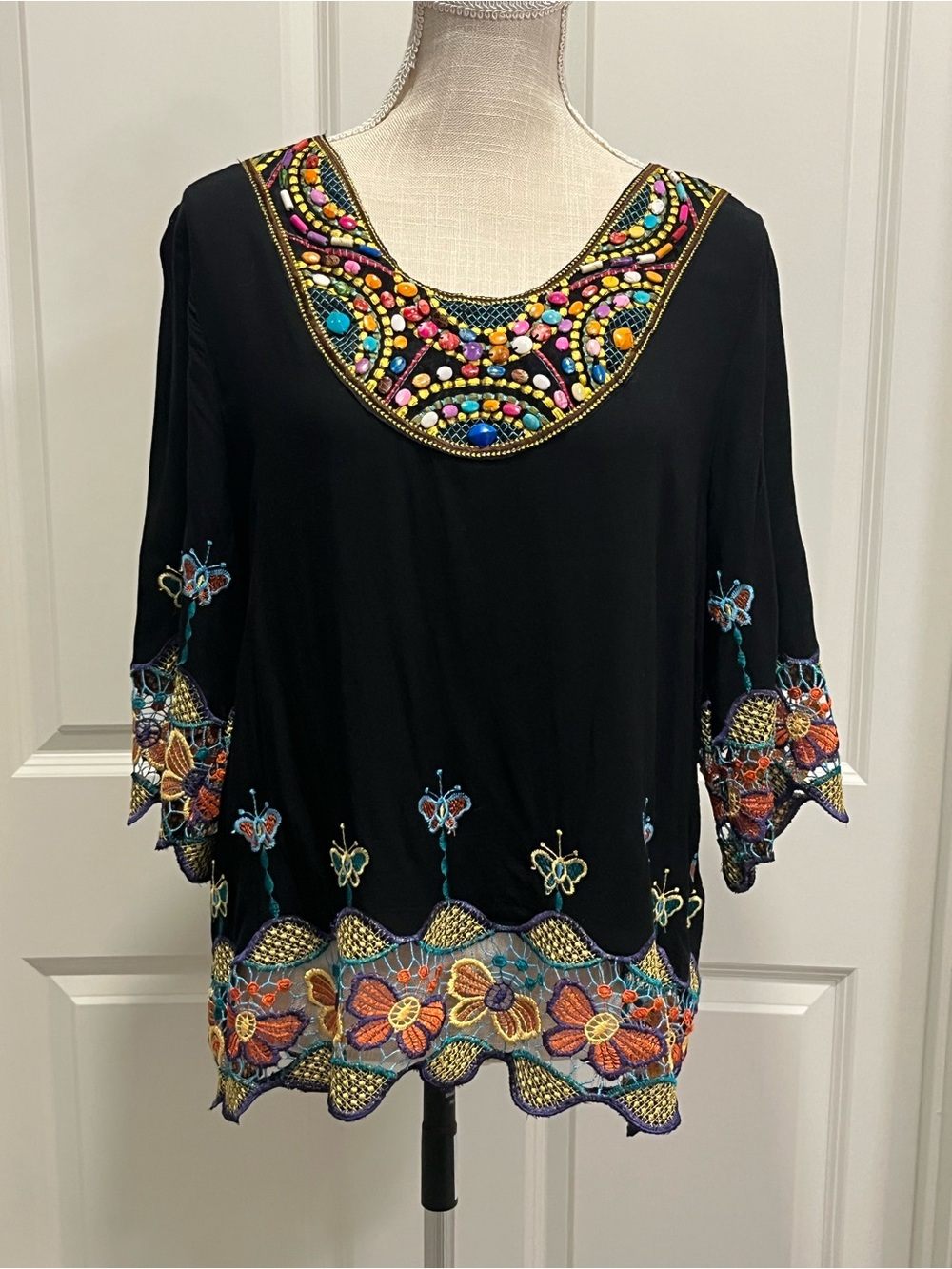 Boho Beaded Floral Tunic Top Women’s Large Multicolor Embroidery Cotton Black